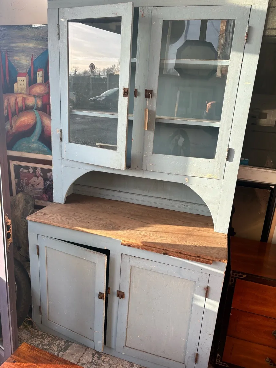 A Rustic,pale blue painted wooden hutch with glass - Image 1