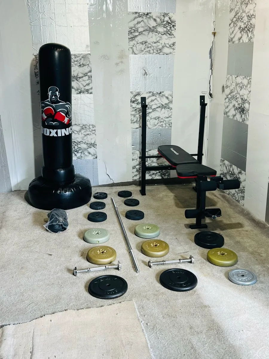 Weight bench weights bars standing punch bag - Image 2