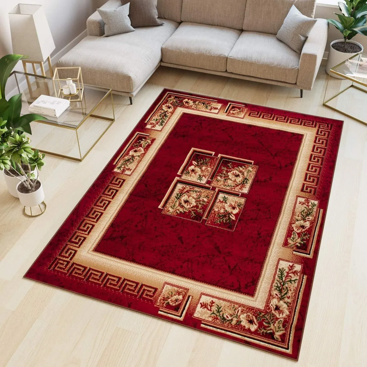 Atlas Area Rug Burgundy Red Floral Frame Geometric - Image 1