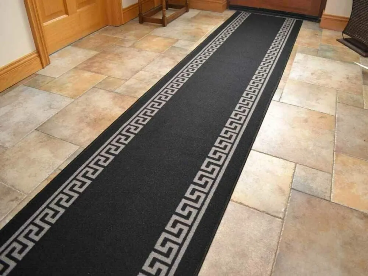 Non Slip Machine Washable Black Grey Greek Key