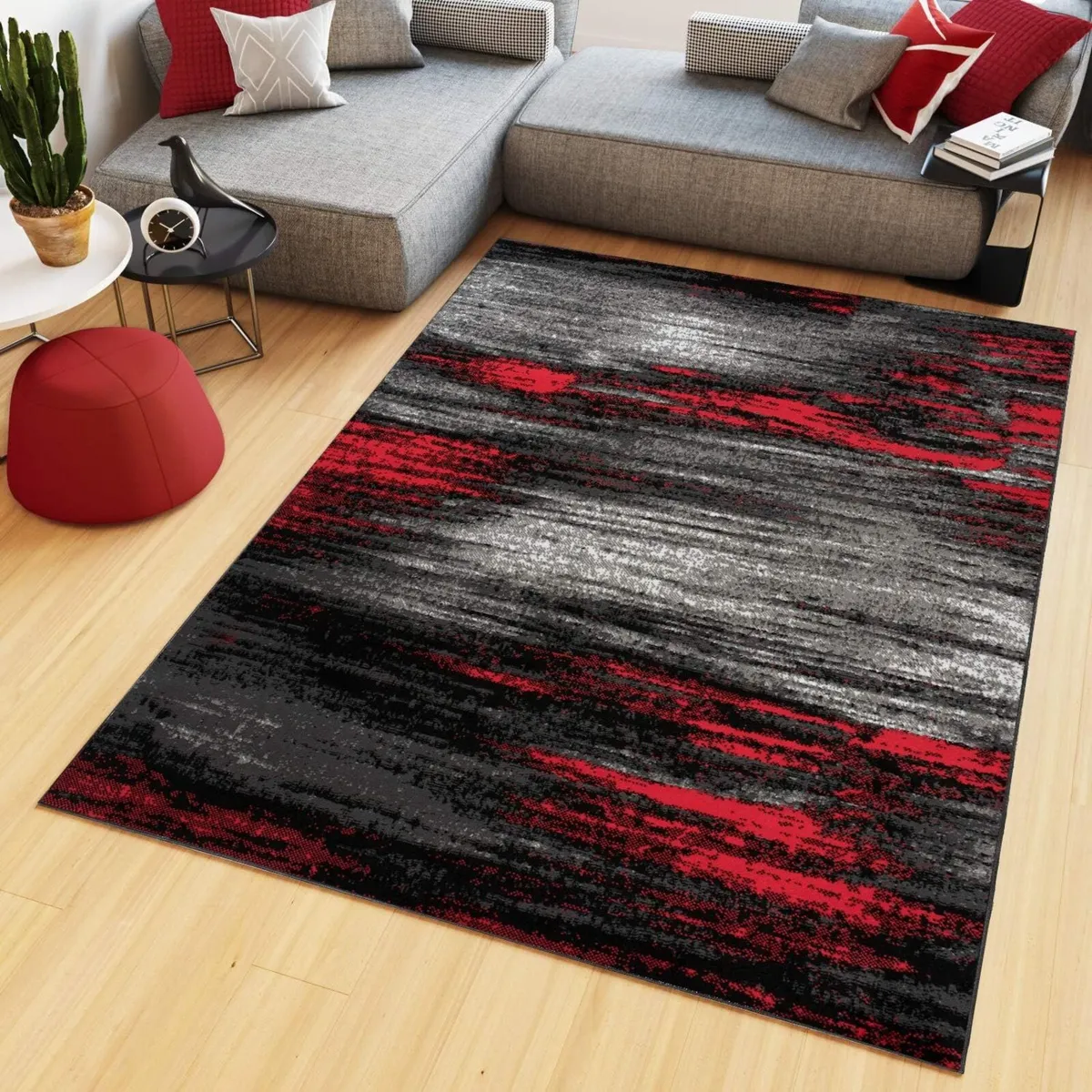 Maya Area Rug Short Pile Red Black Grey Modern - Image 1