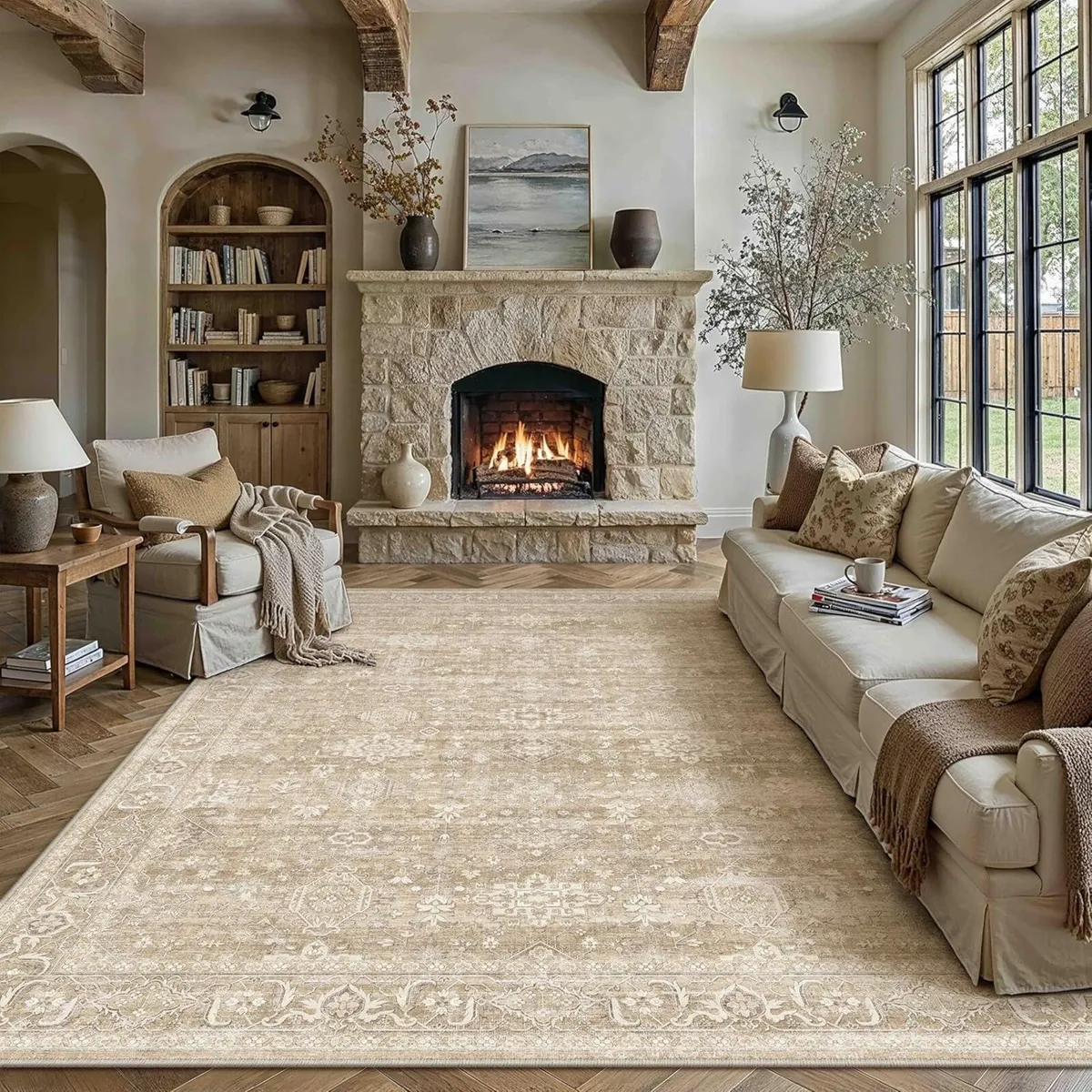 Vintage Living Room Rug 200 x 300 cm Beige - Image 1