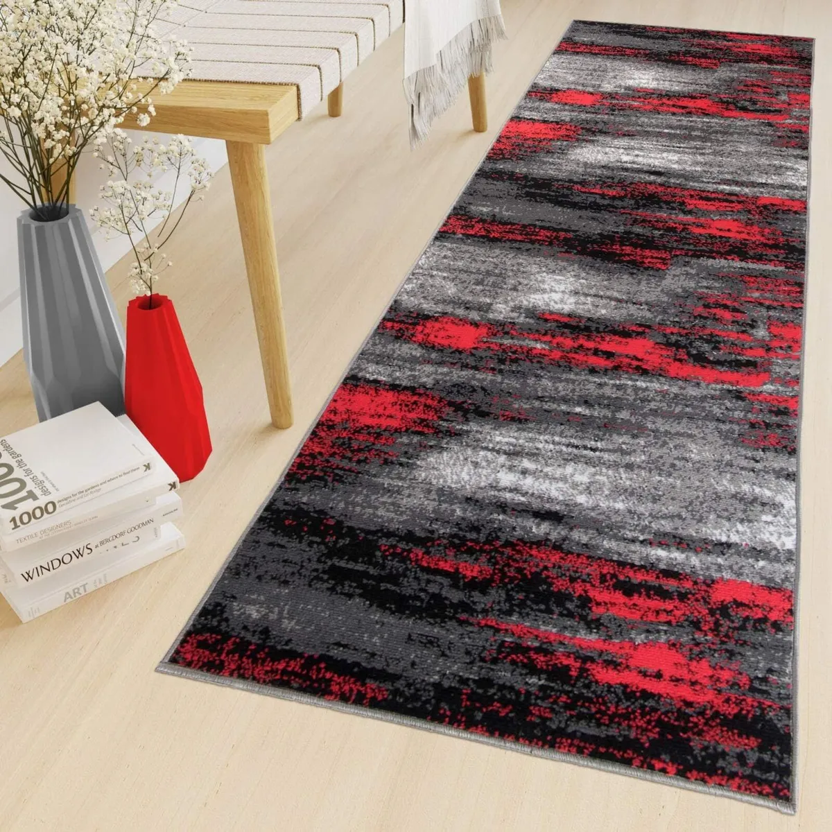 Maya Carpet Runner Black Grey Red Modern Abstract - Image 1