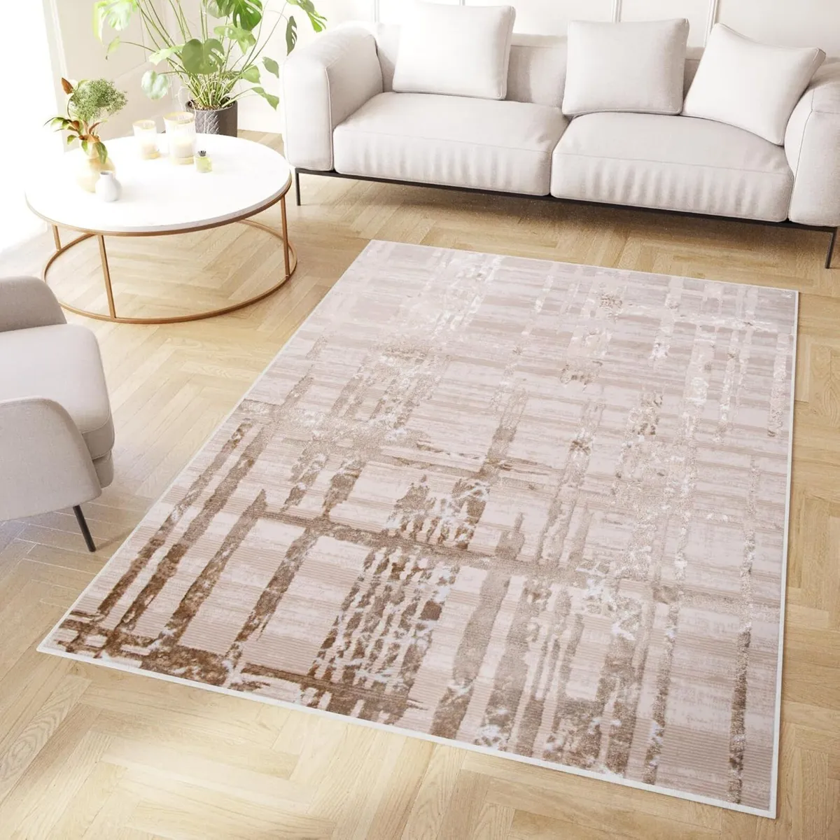 Crystal Area Rug Short Pile Modern Beige Brown - Image 1