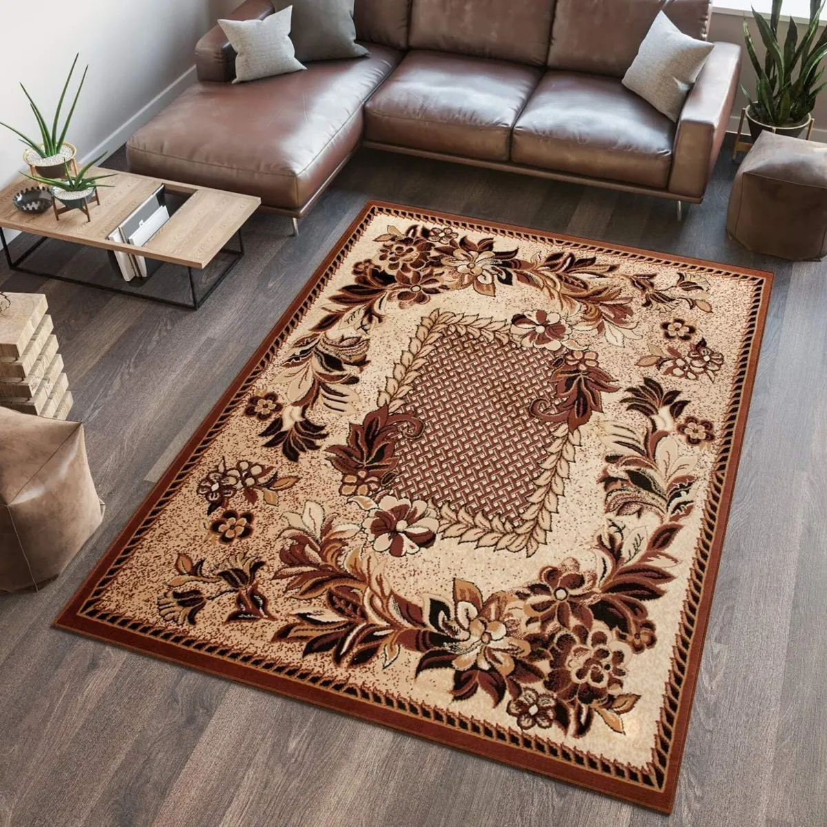 Atlas Area Rug Light Beige Brown Floral Frame - Image 1