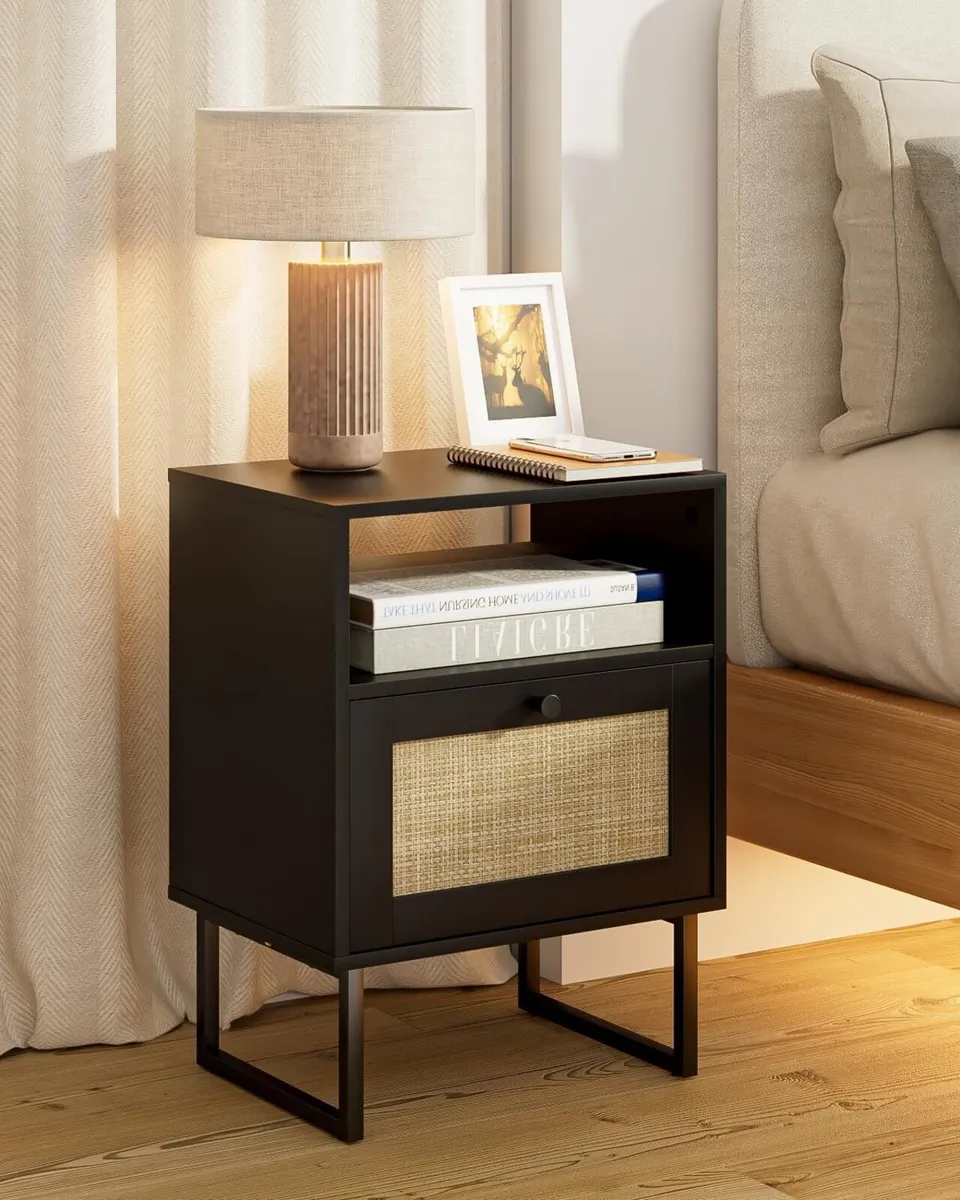 Boho Bedside Table Small Rattan Night Stand Wood - Image 1
