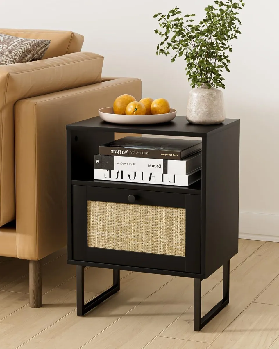 Boho Bedside Table Small Rattan Night Stand Wood - Image 3
