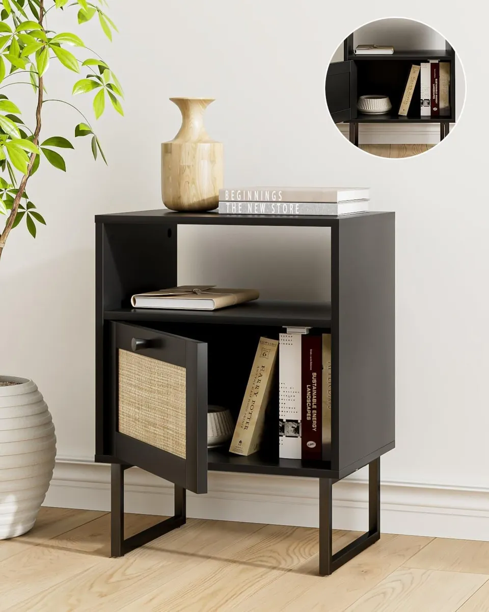 Boho Bedside Table Small Rattan Night Stand Wood - Image 4