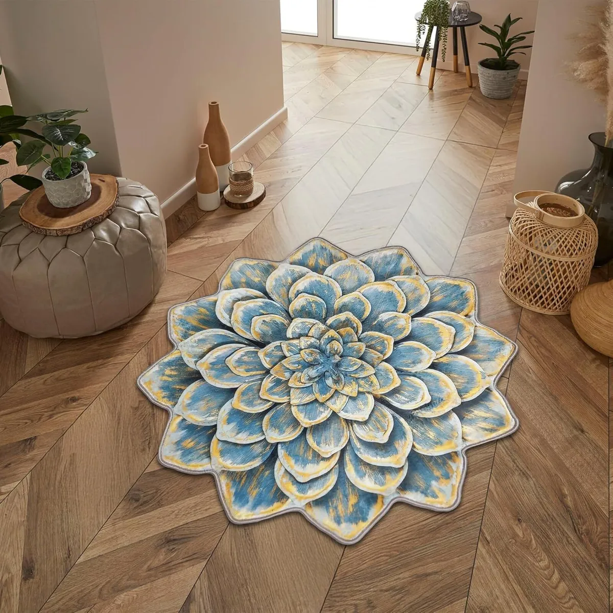 Lotus Shape Rug Blue Plush Soft Flower Carpet - Image 1