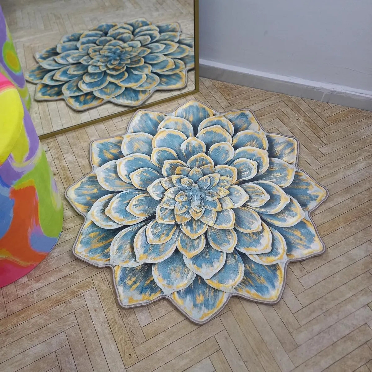 Lotus Shape Rug Blue Plush Soft Flower Carpet - Image 2