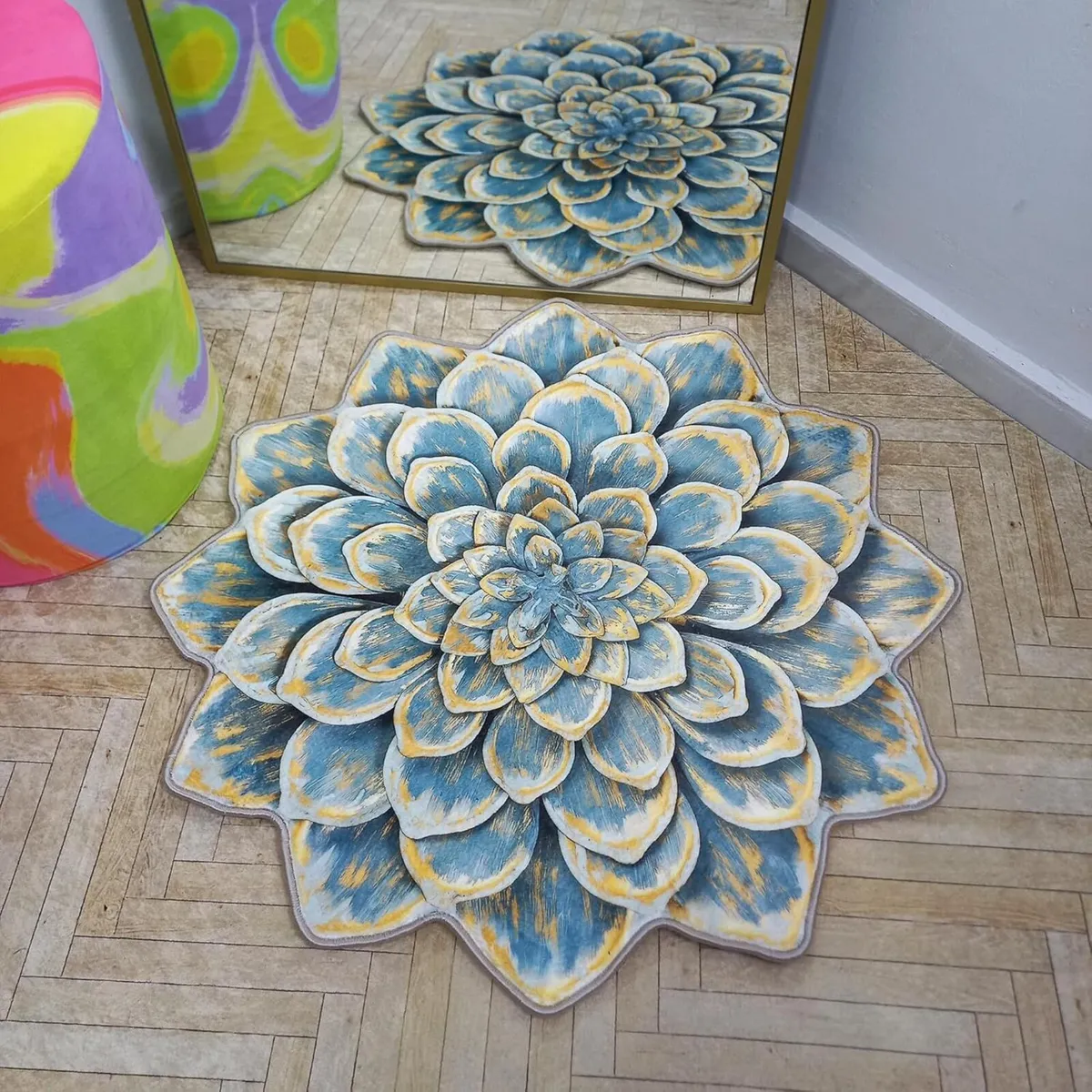 Lotus Shape Rug Blue Plush Soft Flower Carpet - Image 3