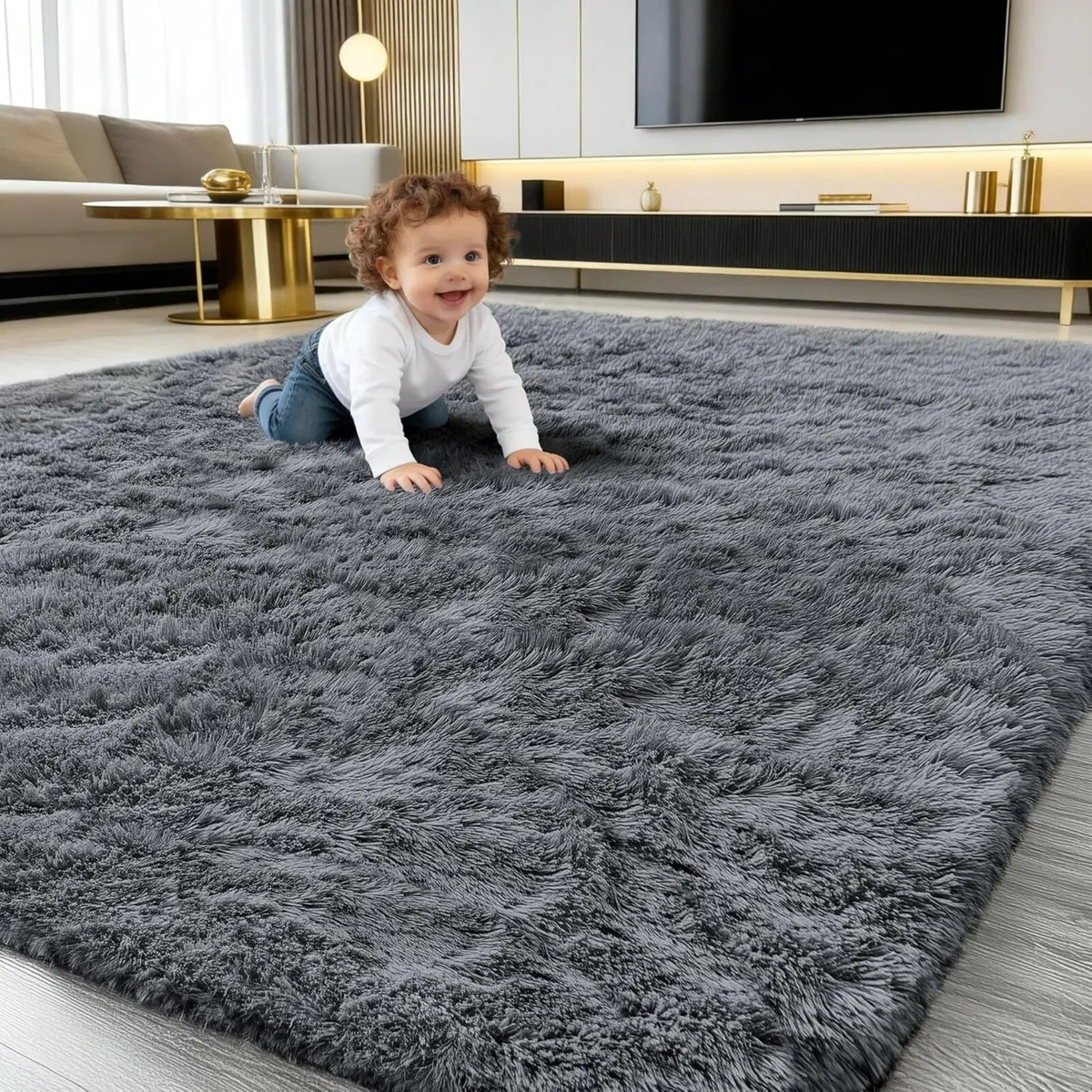 Fluffy High Pile Rugs Living Room Large Anti Slip - Image 1