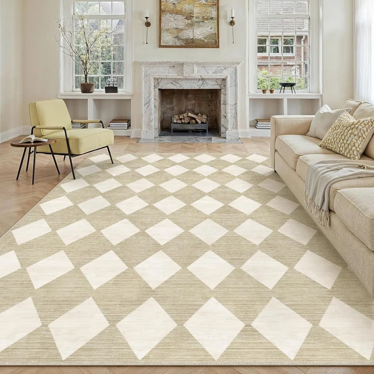 Beige Rugs Living Room 200x300 cm Large Checkered - Image 4