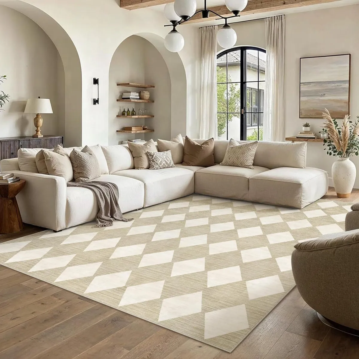 Beige Rugs Living Room 200x300 cm Large Checkered - Image 1