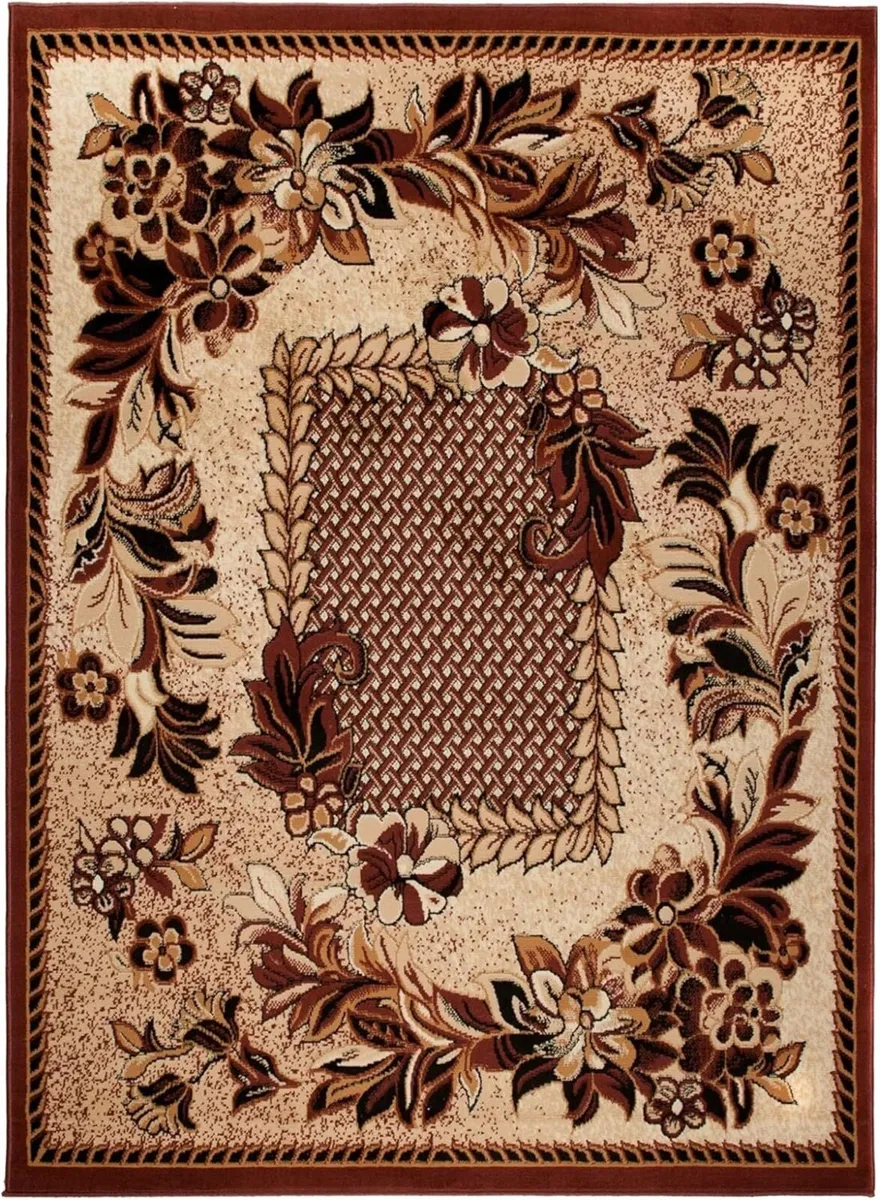 Atlas Area Rug Light Beige Brown Floral Frame - Image 2
