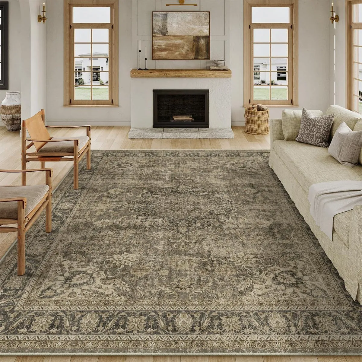 Vintage Rugs Living Room Brown Large Area Rug - Image 1