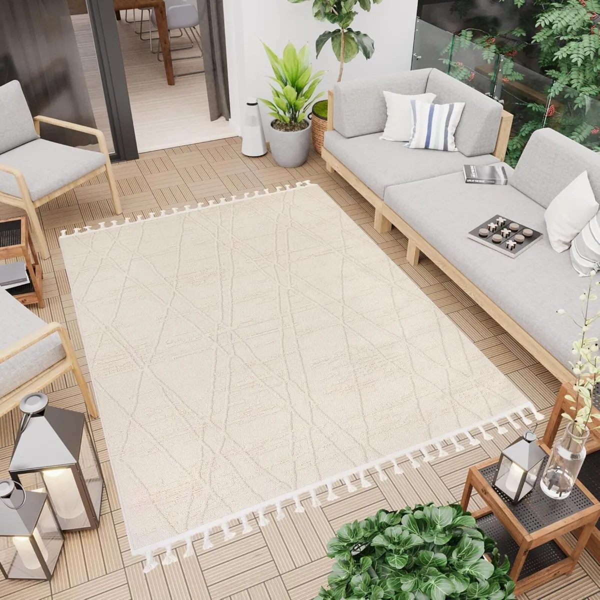 Rio Loop Outdoor Indoor Rug with Fringes Beige - Image 1