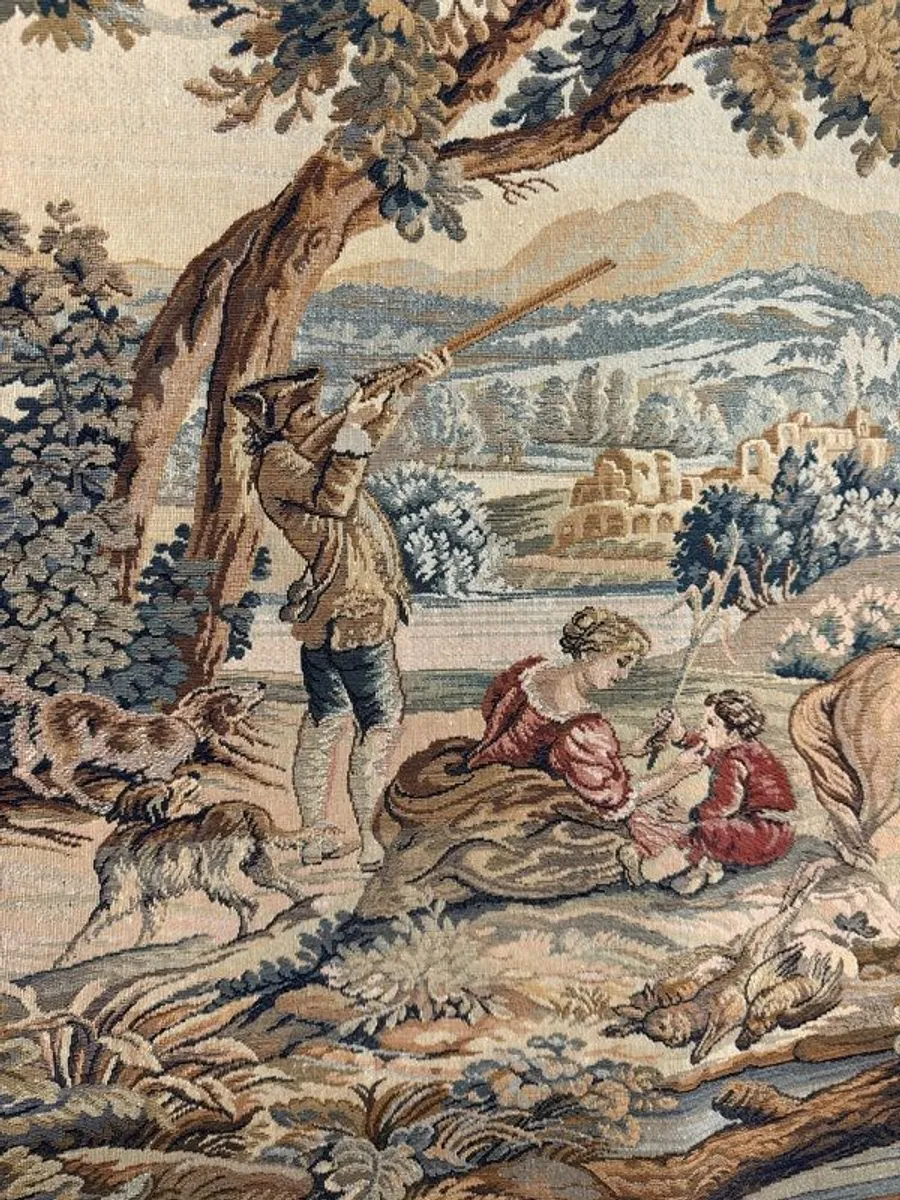 Vintage Hunting Scene Tapestry with Iron Rail - Image 2