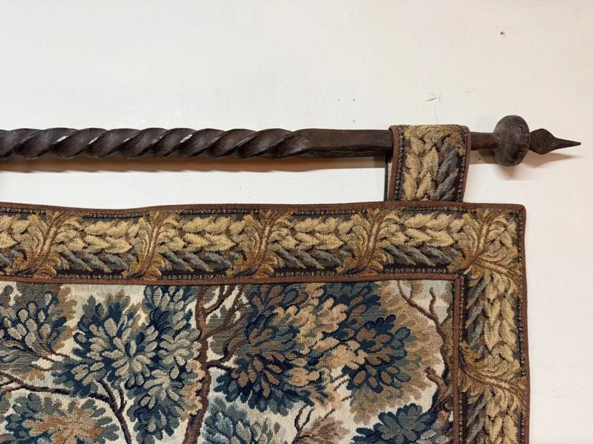 Vintage Hunting Scene Tapestry with Iron Rail - Image 3