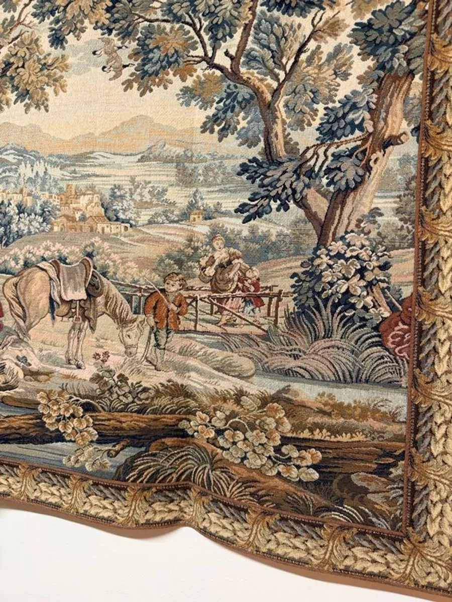 Vintage Hunting Scene Tapestry with Iron Rail - Image 4