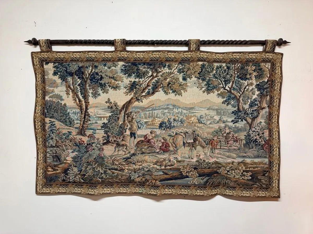 Vintage Hunting Scene Tapestry with Iron Rail - Image 1