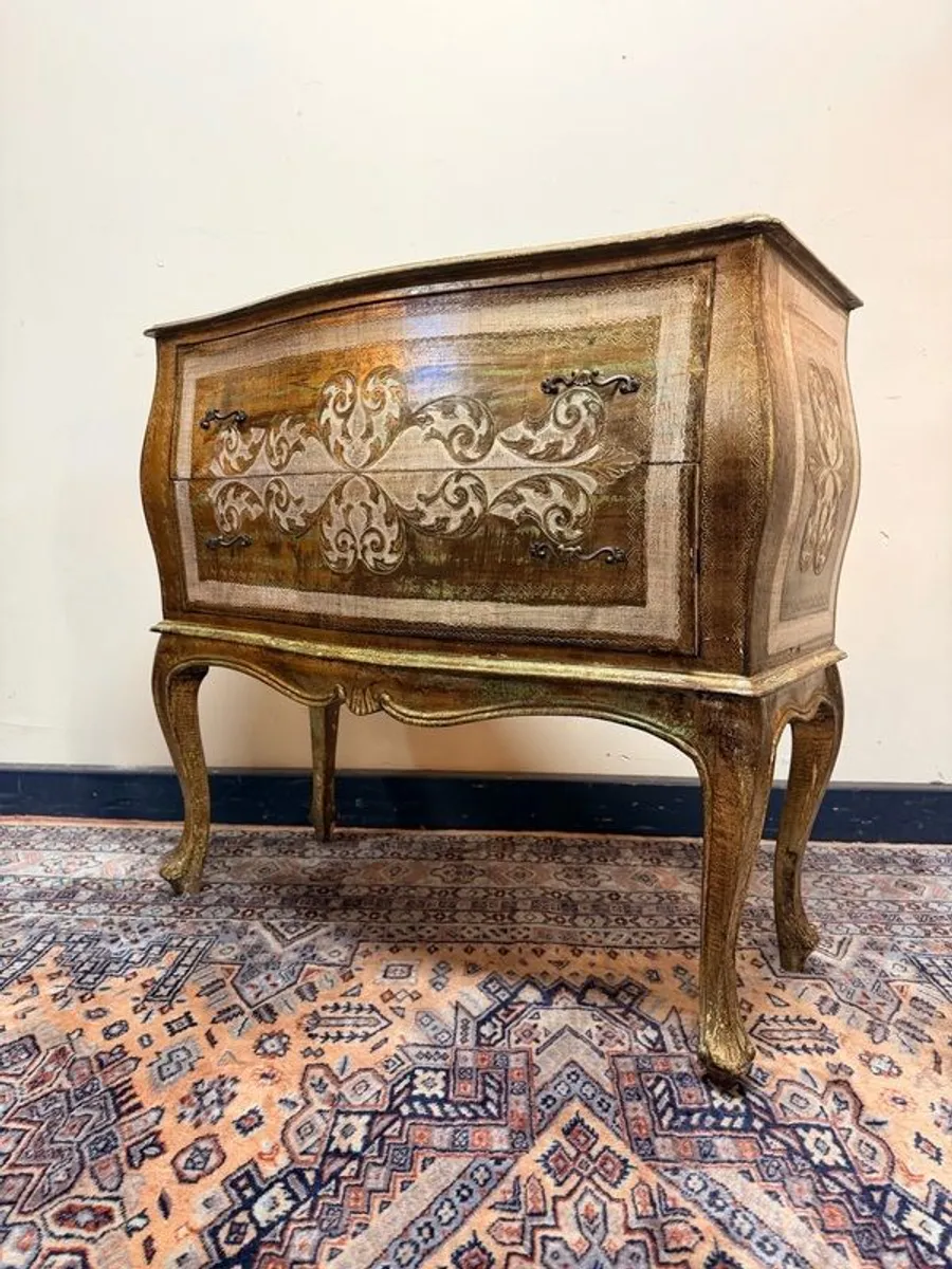 Hollywood Regency Bombe Two Drawer Cabinet in Gold & White - Image 1