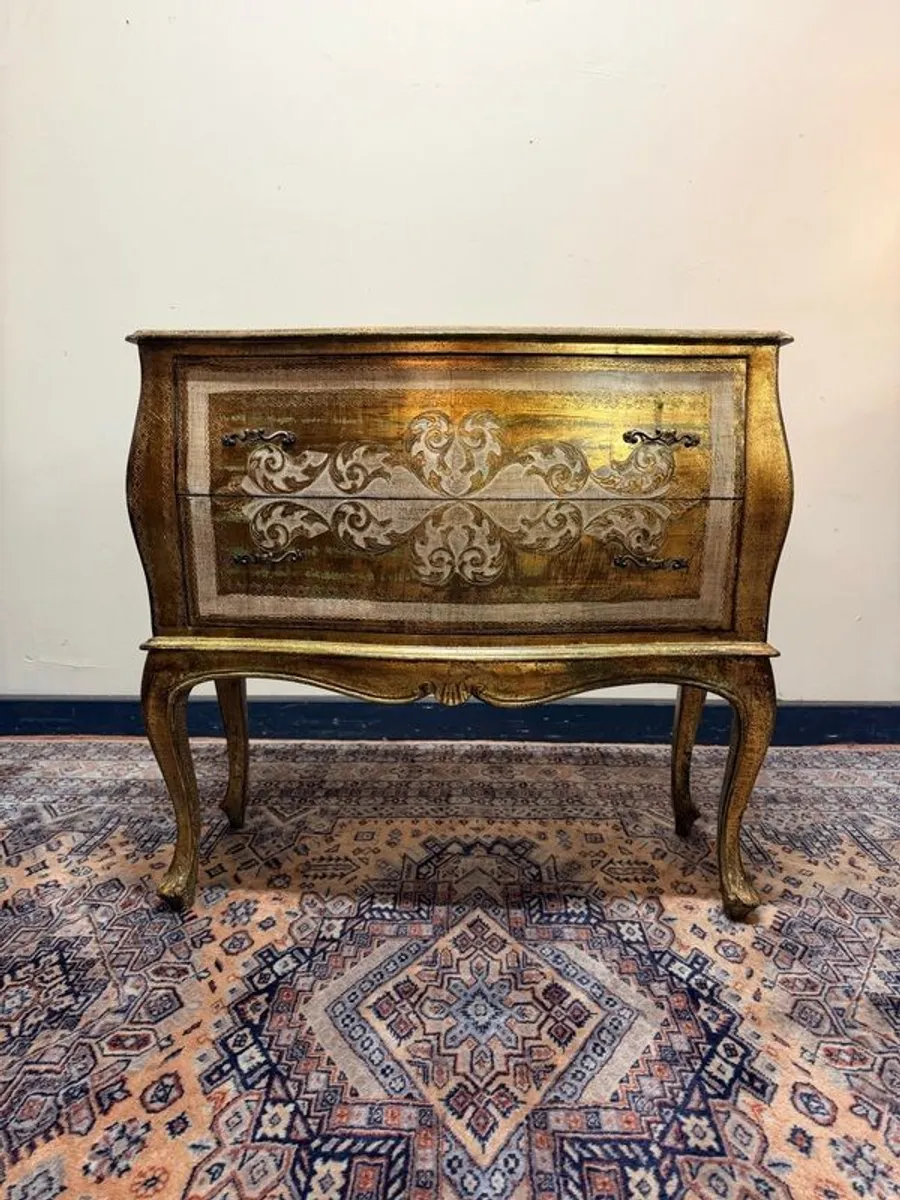 Hollywood Regency Bombe Two Drawer Cabinet in Gold & White - Image 2