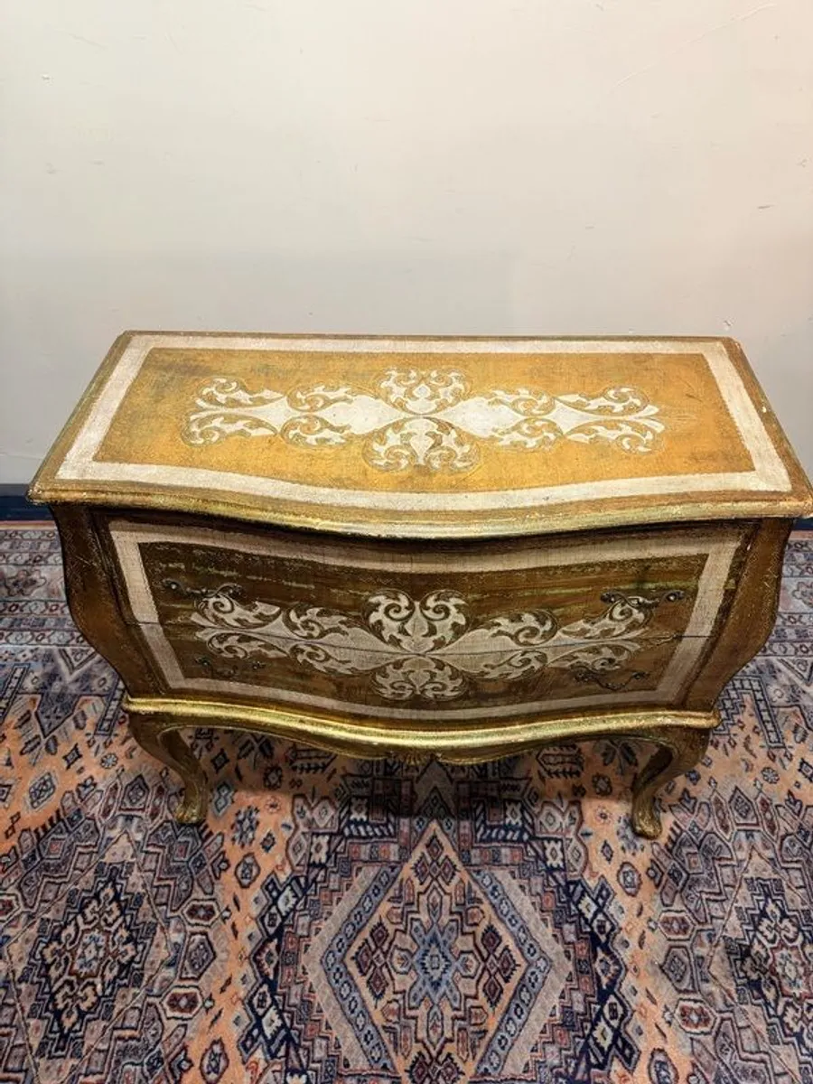 Hollywood Regency Bombe Two Drawer Cabinet in Gold & White - Image 3
