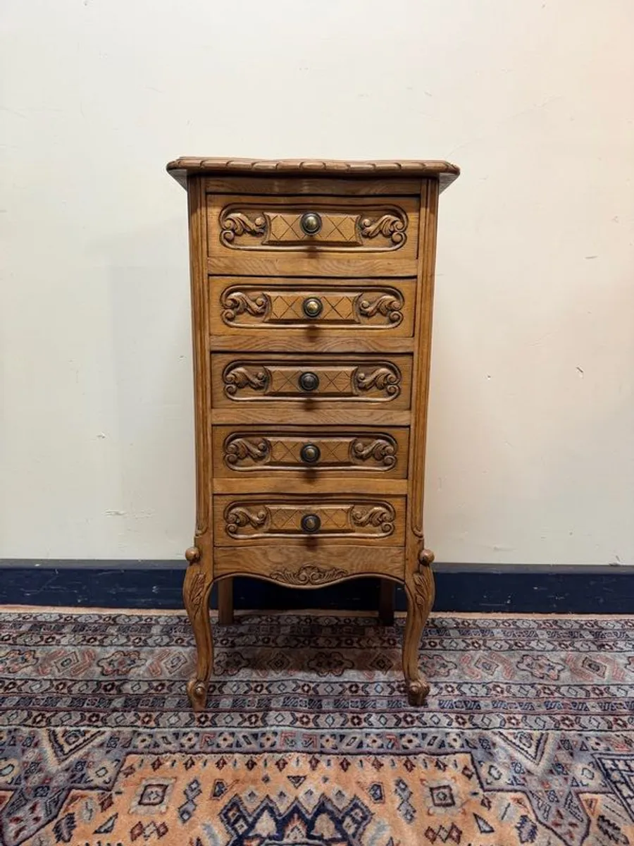 French Oak Tallboy Chest with Carved Drawers and Cabriole Legs - Image 1