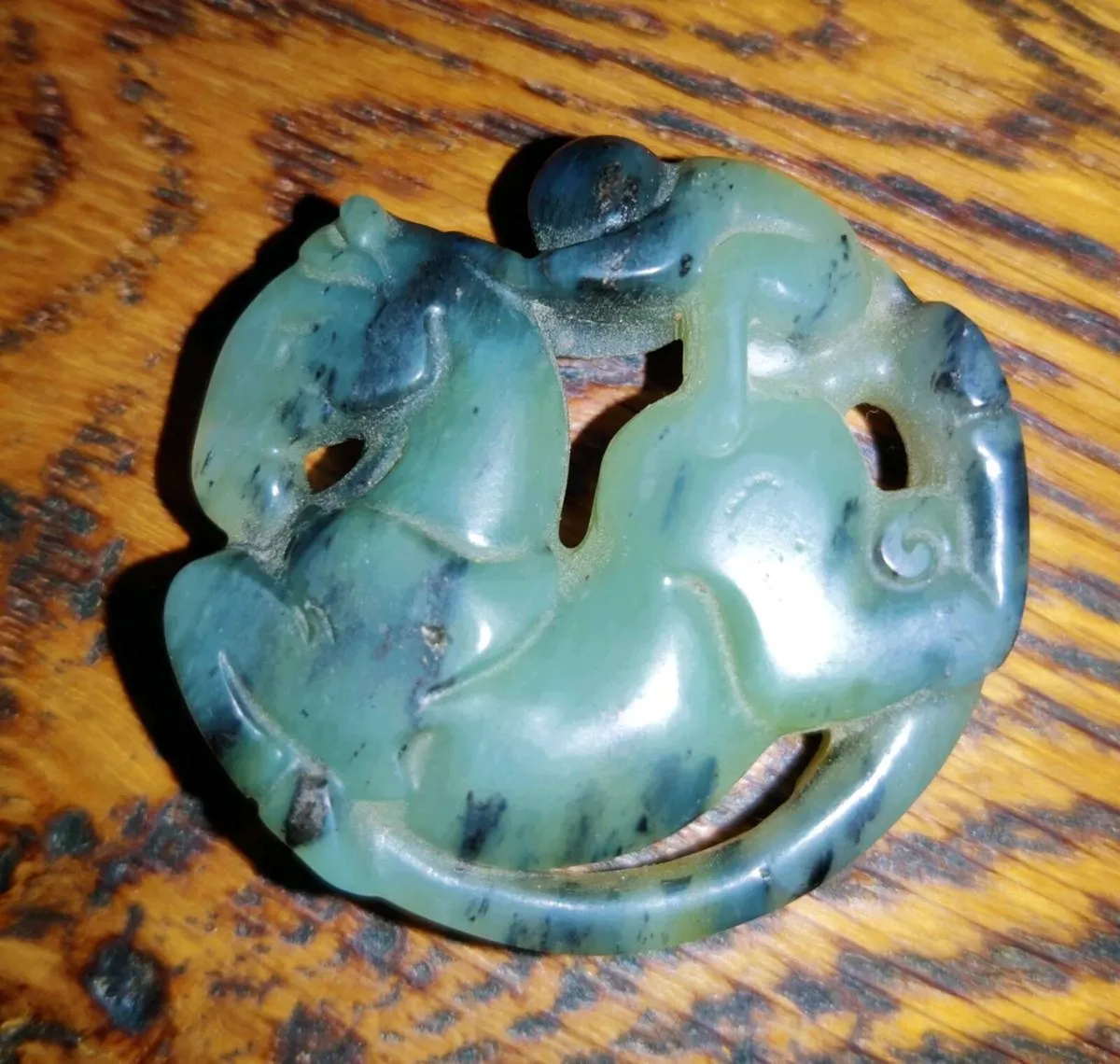 RARE, CHUNKY REAL JADE, Huge Horse & Jockey Mantra - Image 1