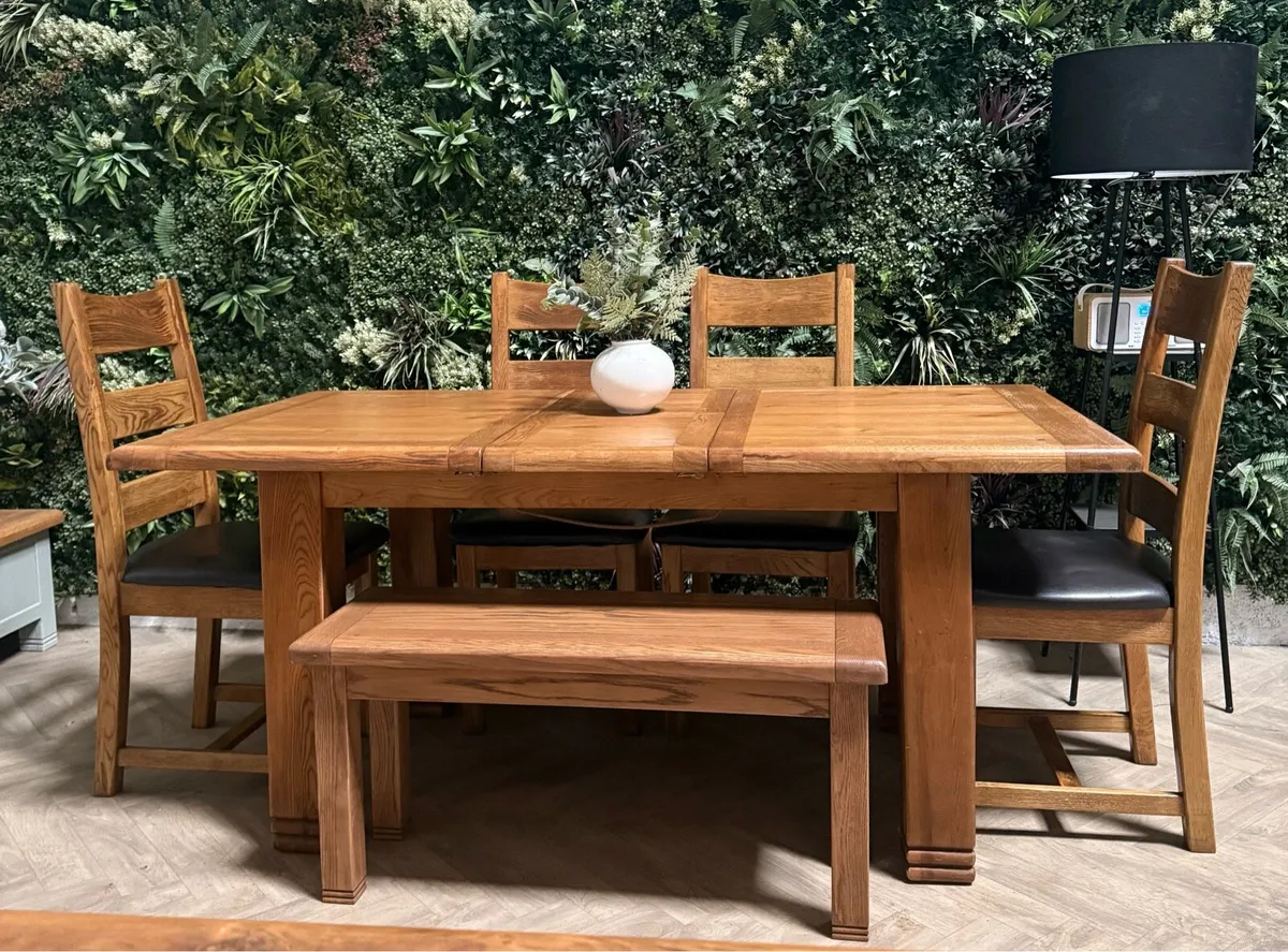 Extending oak kitchen table, 4 chairs & bench - Image 2