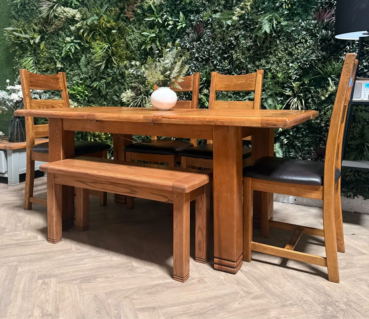 Extending oak kitchen table, 4 chairs & bench - Image 3
