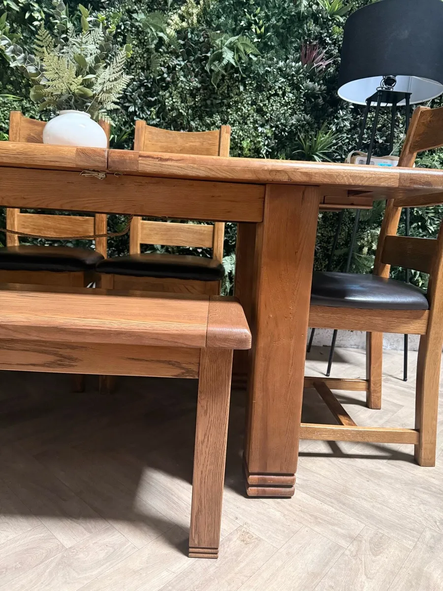 Extending oak kitchen table, 4 chairs & bench - Image 4