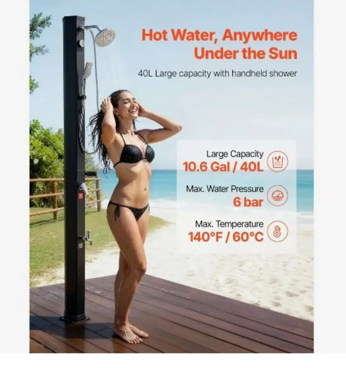 40L Solar Heated Shower, 205cm - Image 2