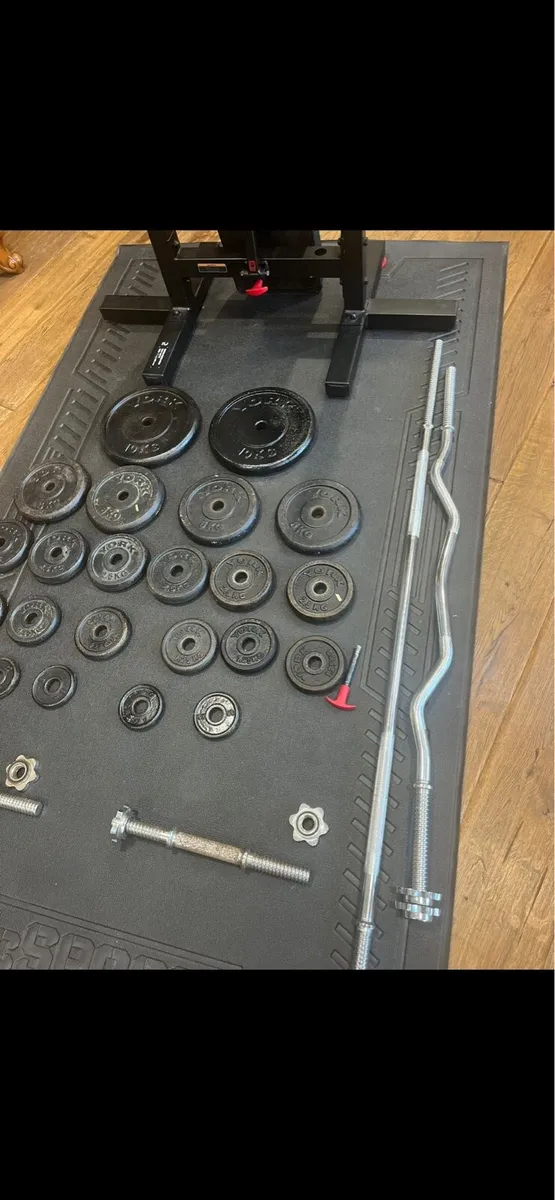 Bench, two barbells dumbbells and weights - Image 2