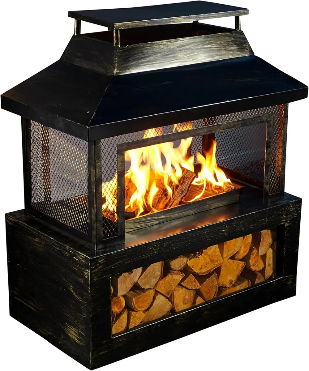 Black Steel Outdoor Garden Log Burner Burning - Image 1