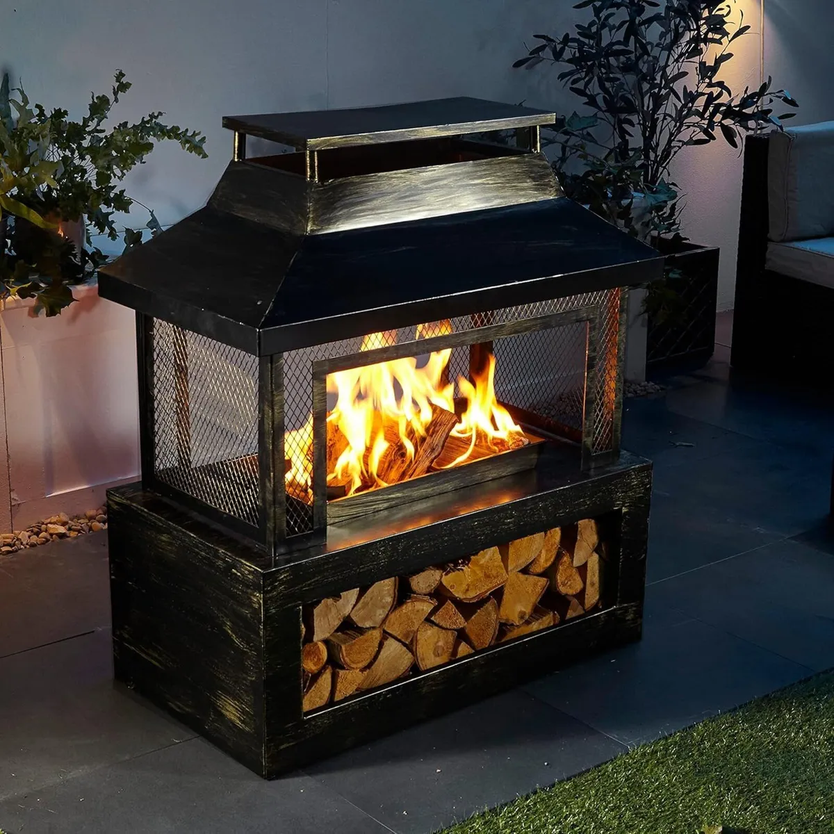 Black Steel Outdoor Garden Log Burner Burning - Image 2