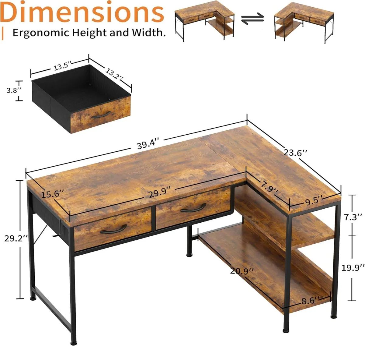 L Shaped Computer Desk with 2 Drawers 100CM - Image 3