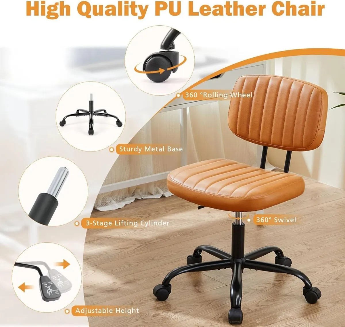 Small Office Desk Chair - Armless PU Leather with - Image 3