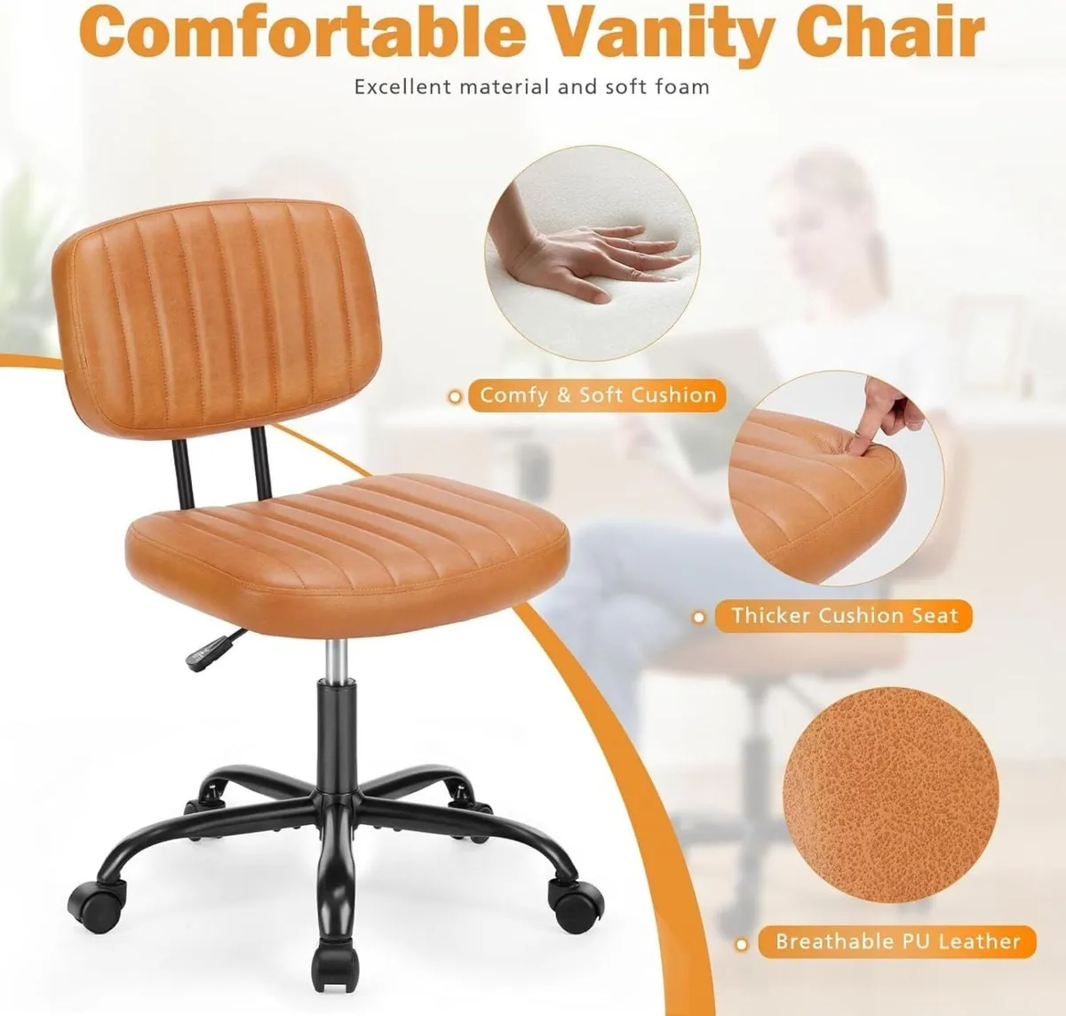 Small Office Desk Chair - Armless PU Leather with - Image 4