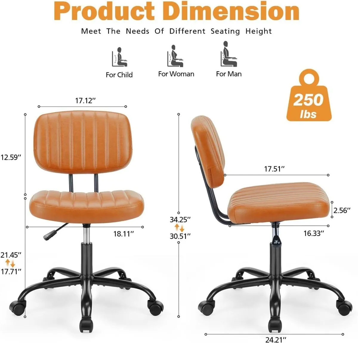 Small Office Desk Chair - Armless PU Leather with - Image 2