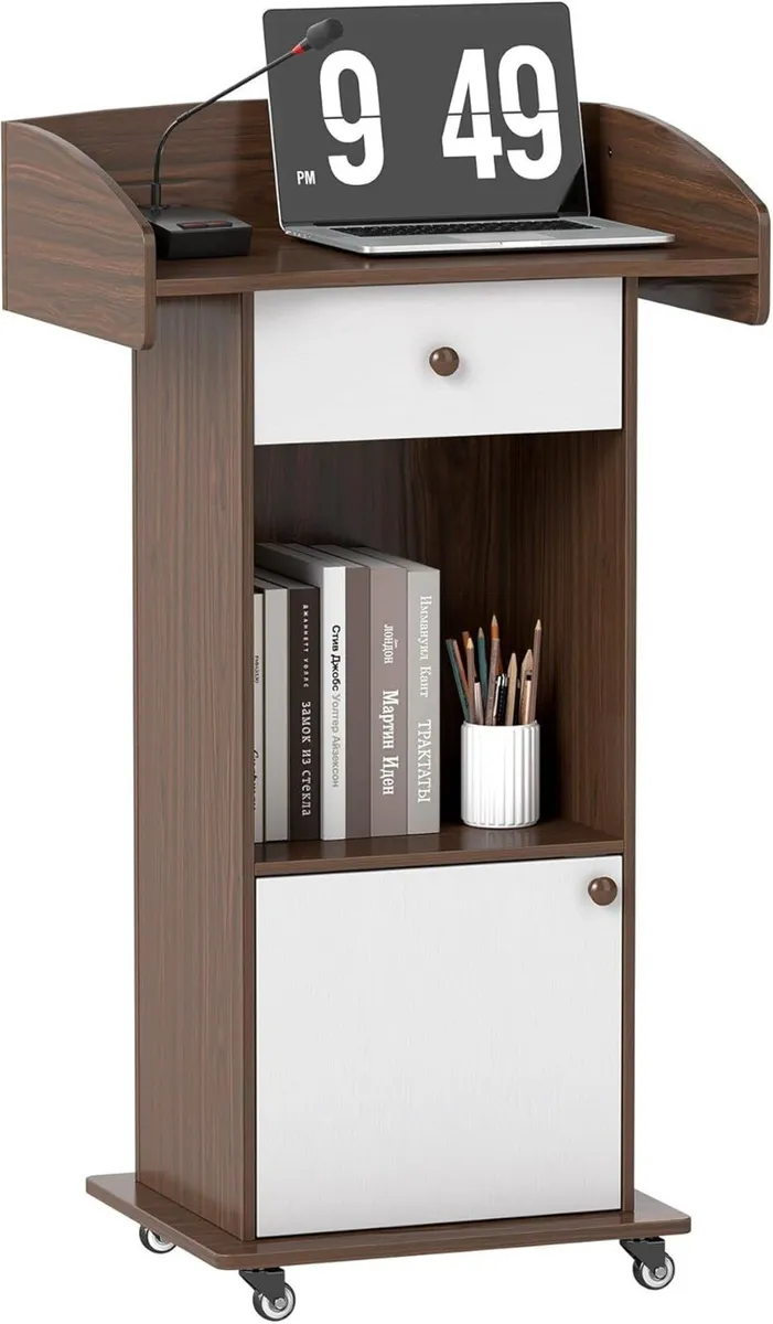 Podium Stand with Wheels Portable Lectern Mobile - Image 1