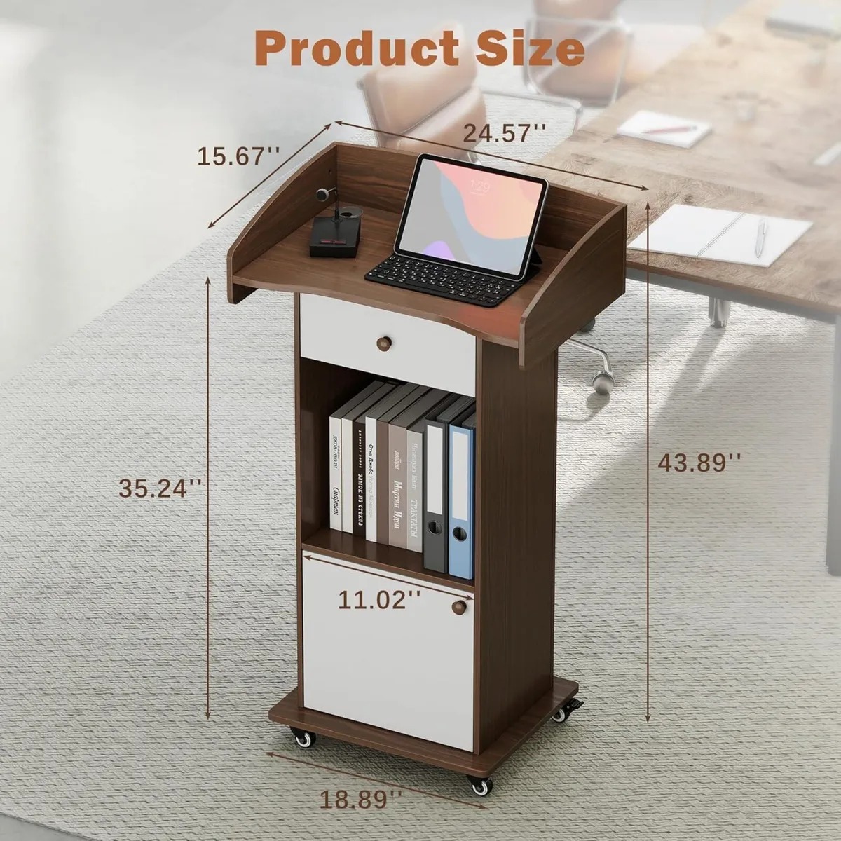 Podium Stand with Wheels Portable Lectern Mobile - Image 2