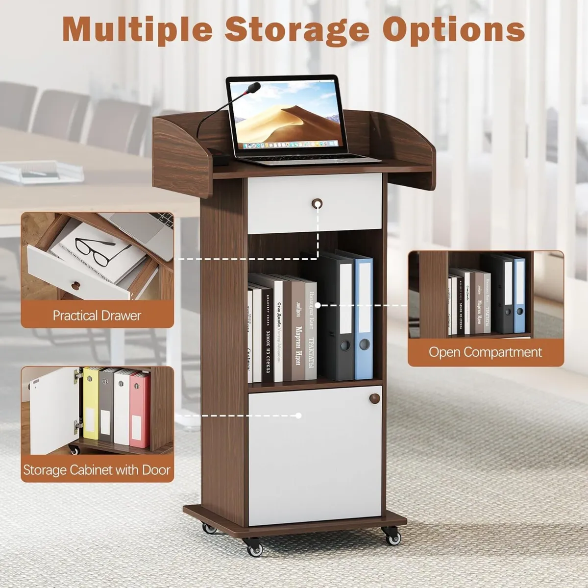 Podium Stand with Wheels Portable Lectern Mobile - Image 4