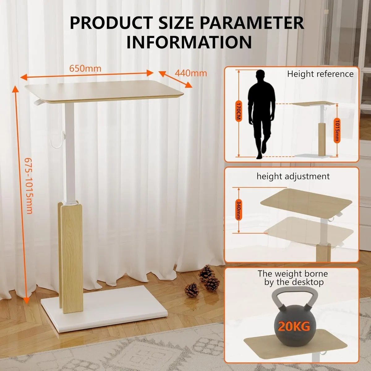 Height-Adjustable Overbed Table with Casters - Image 3