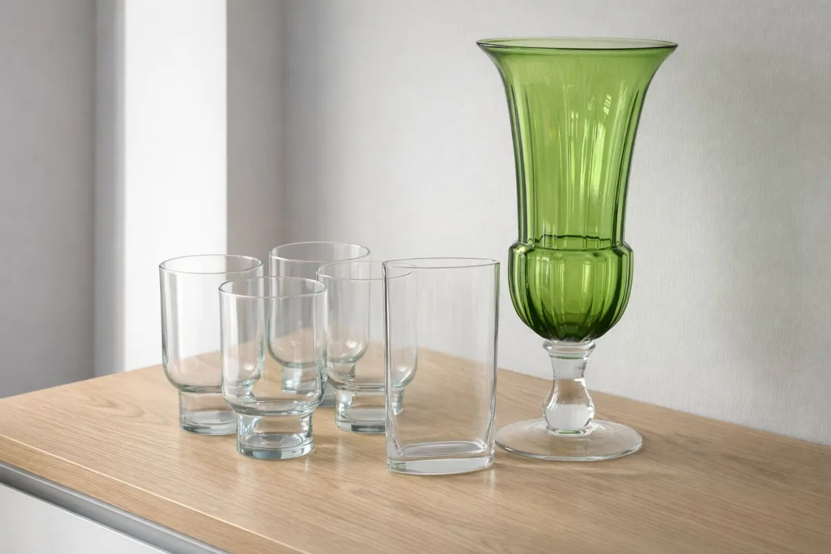 Green Glass Vase 41cm + Glassware Set – €20