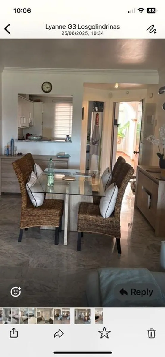 Glass top kitchen table & with 4 wicker chairs - Image 1