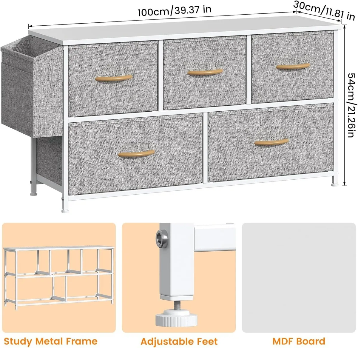 Fabric 5 Drawer Storage Cabinet with Side Pocket - Image 2