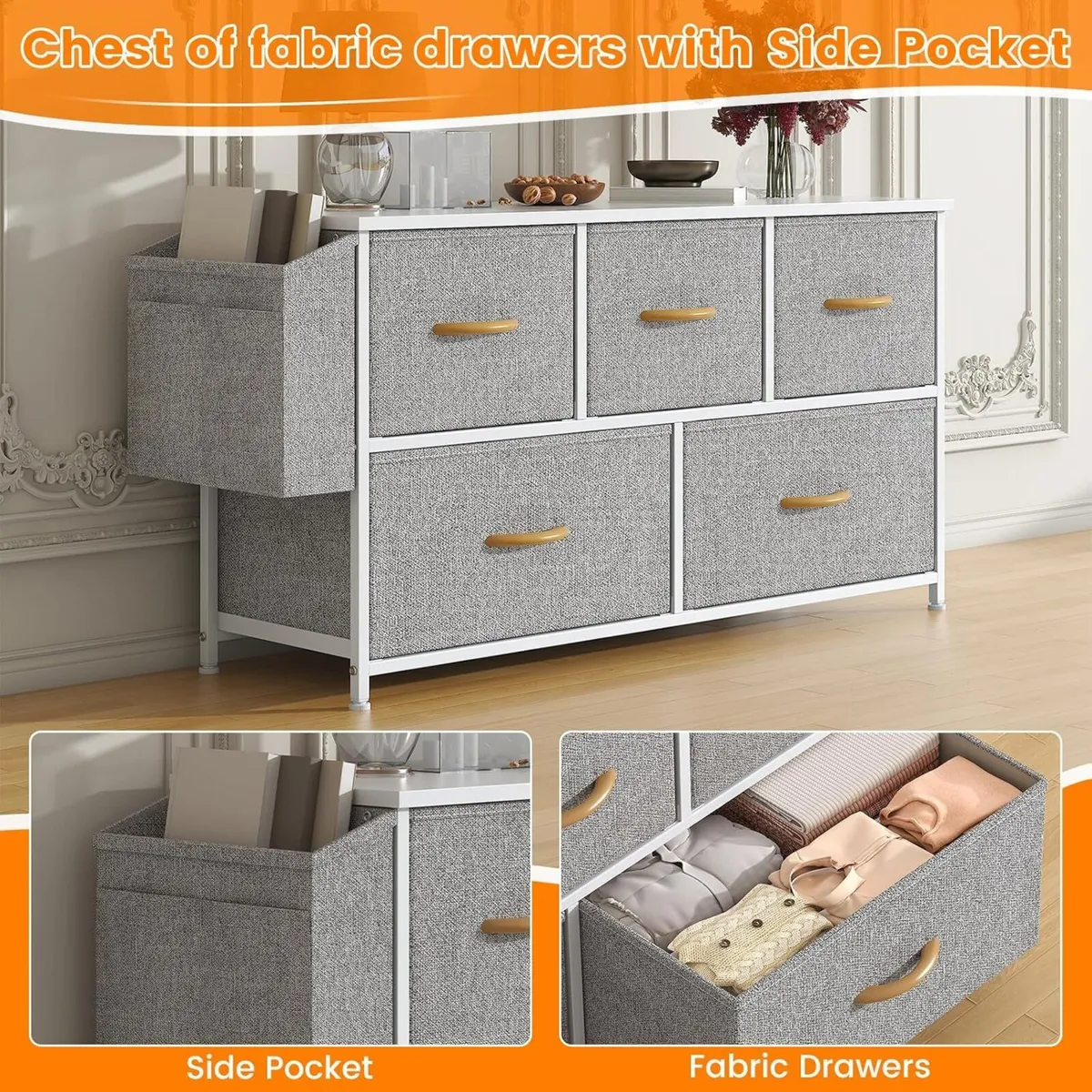Fabric 5 Drawer Storage Cabinet with Side Pocket - Image 4