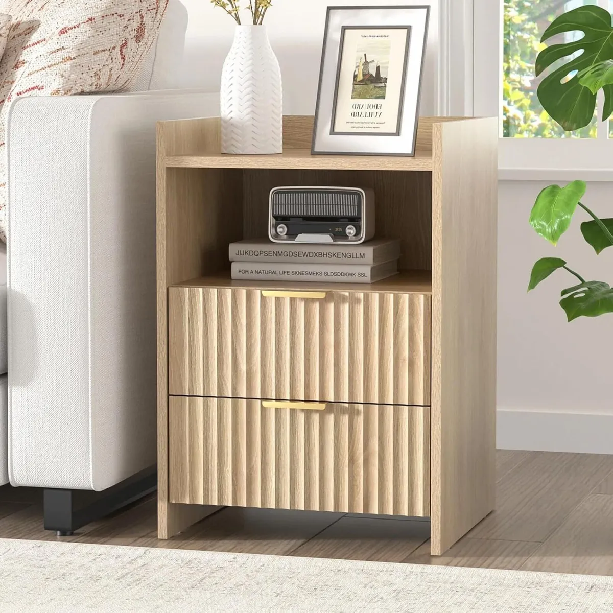 Fluted Bedside Table with 2 Drawers Nightstand - Image 1